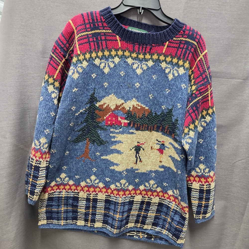 Bushwacker Vintage Winter Scene Knit Sweater Blue Red Plaid Skaters Large
